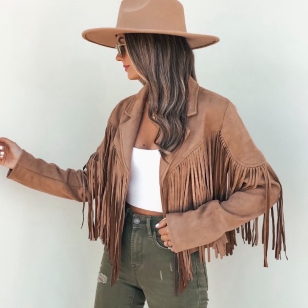 Faux suede women jacket zip blazer coat boho festioval fringe tops - Picture 5 of 6